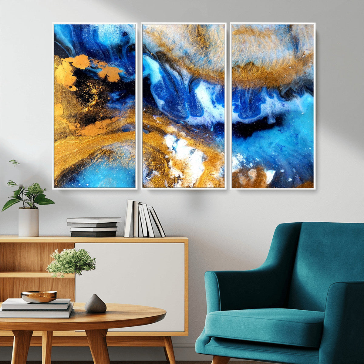 Blue Orange Marble Fluid Effect Canvas Wall Art Print