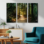 Sunlit Forest Pathway Canvas Print | 3 Panel Large Nature Wall Art
