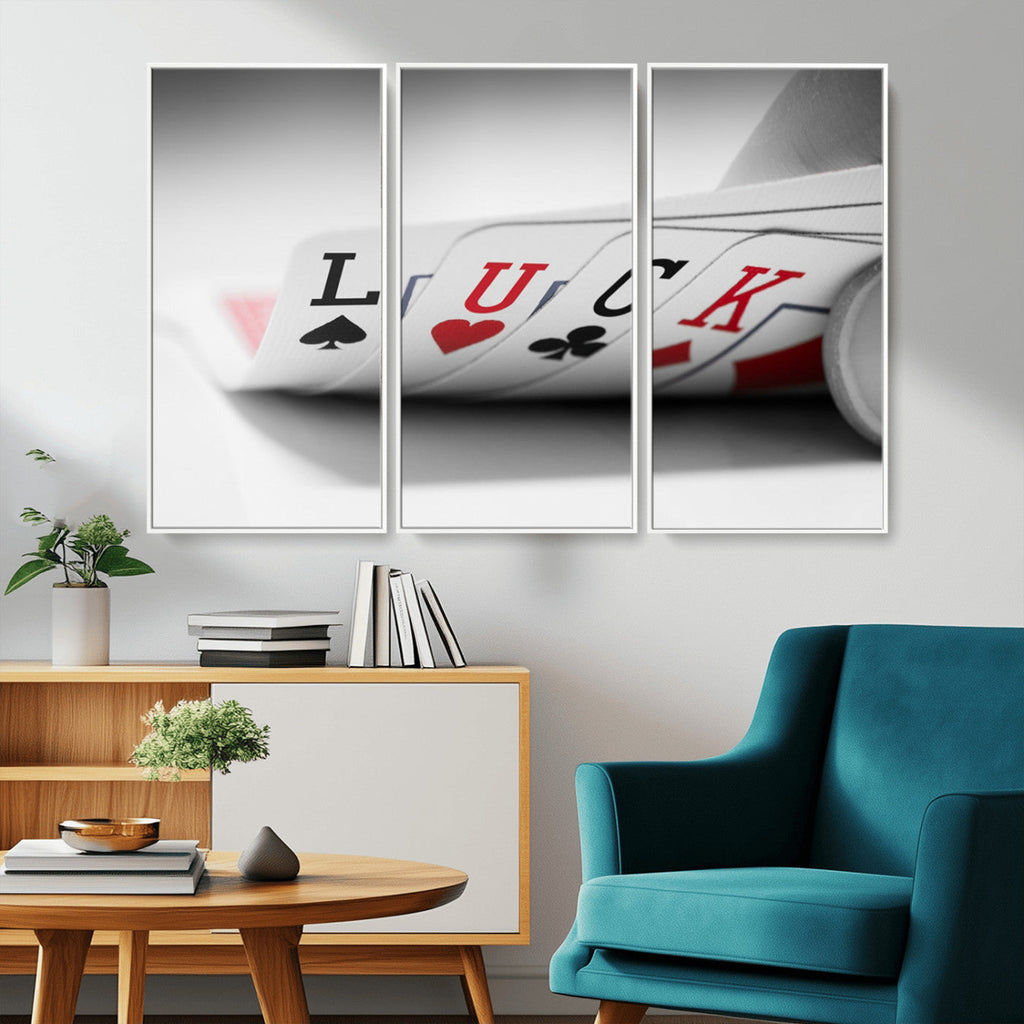 Framed Lucky Poker Cards Canvas | Modern Triptych Wall Art for Game Rooms