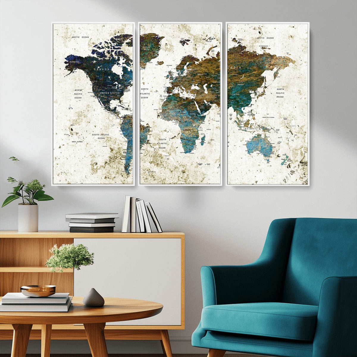 Vintage World Map Wall Art Canvas Print, Framed Rustic Earth Tone Map