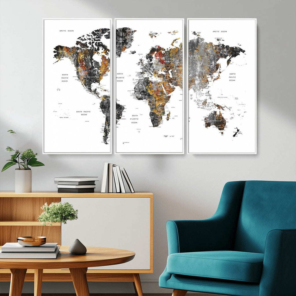 Modern Metallic World Map Canvas Wall Art | Framed Contemporary World Map Print