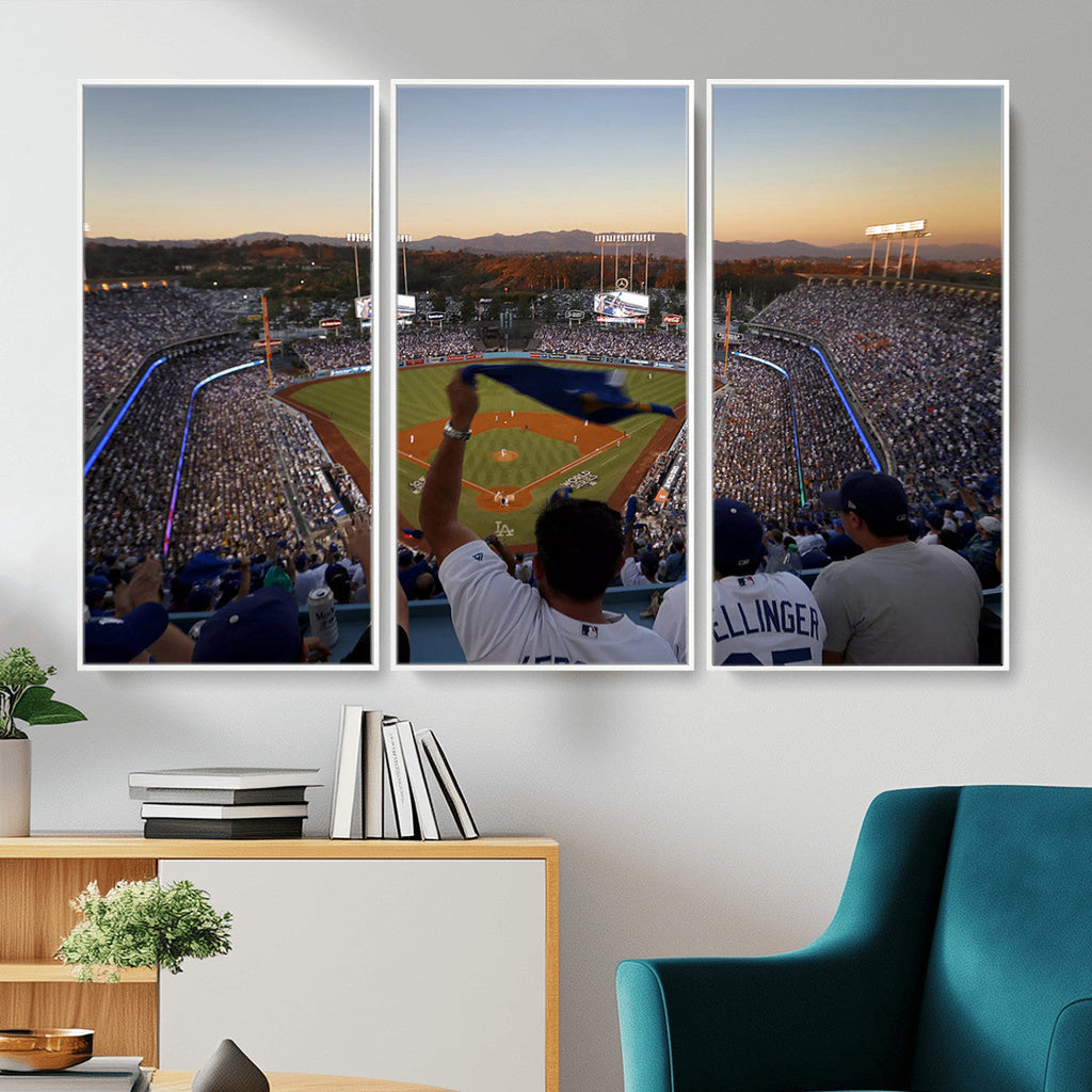 Dodger Stadium Sunset Game Triple Canvas Wall Art, Los Angeles Dodgers MLB Match