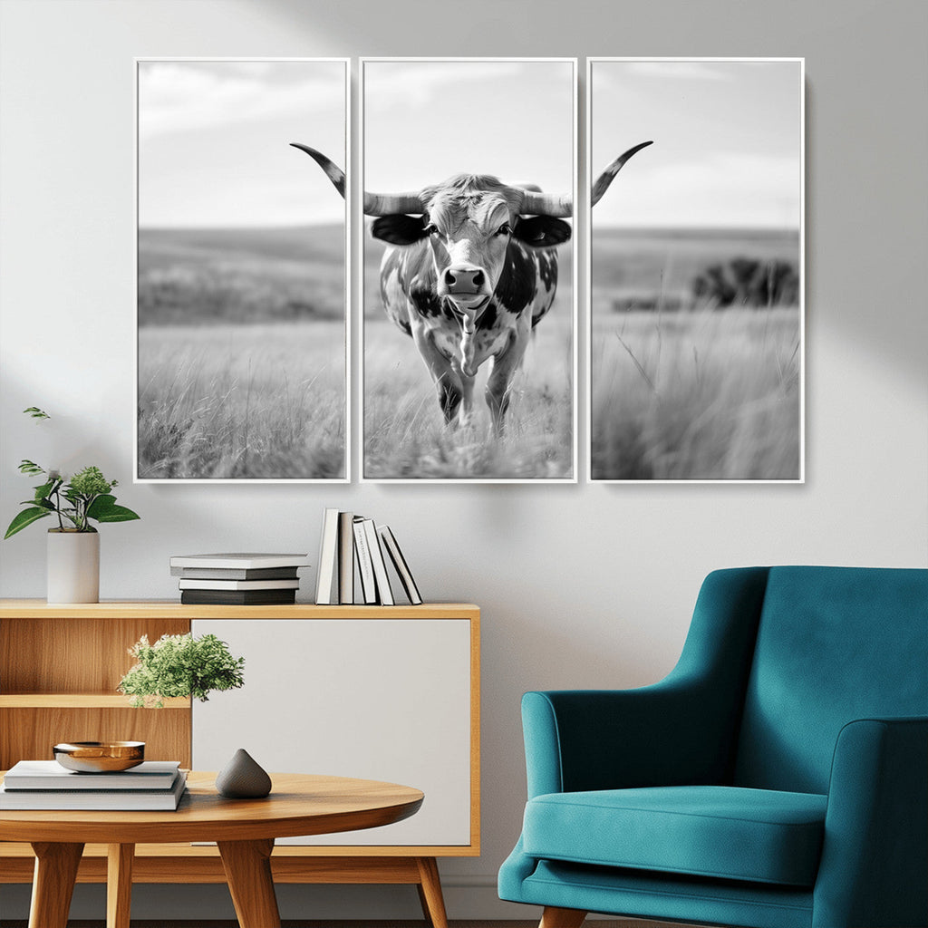 Texas Cow Longhorn Wall Art Canvas Print for Farm House Wall Art, Framed and Ready to Hang
