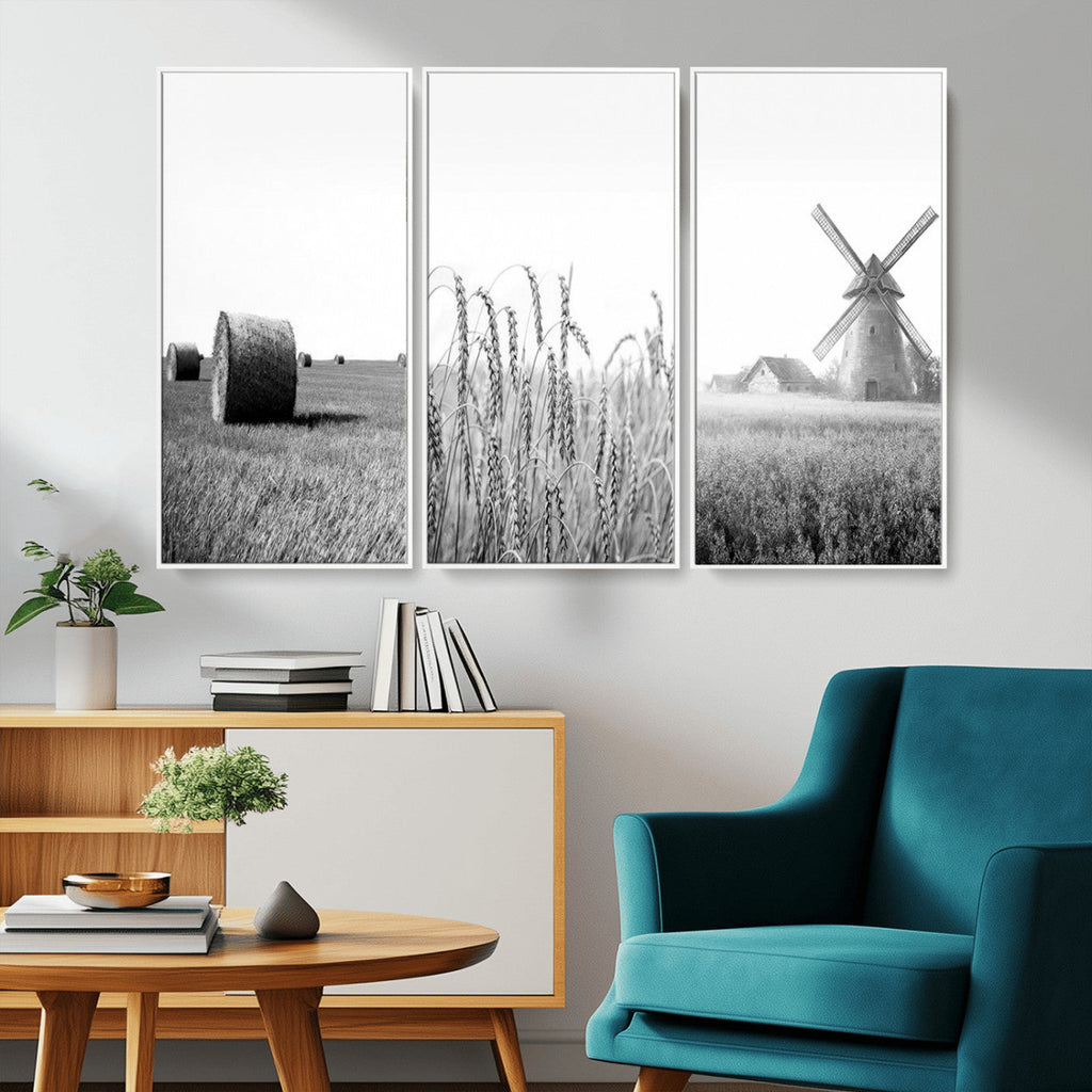 Vintage Farmhouse Black and White Triptych Wall Art, Giclee Canvas with Wheat Fields, Hay Bales and Windmill