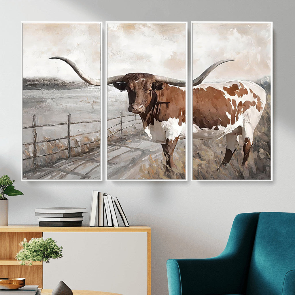 Vintage Texas Cow Wall Art Canvas Print, Rustic Longhorn