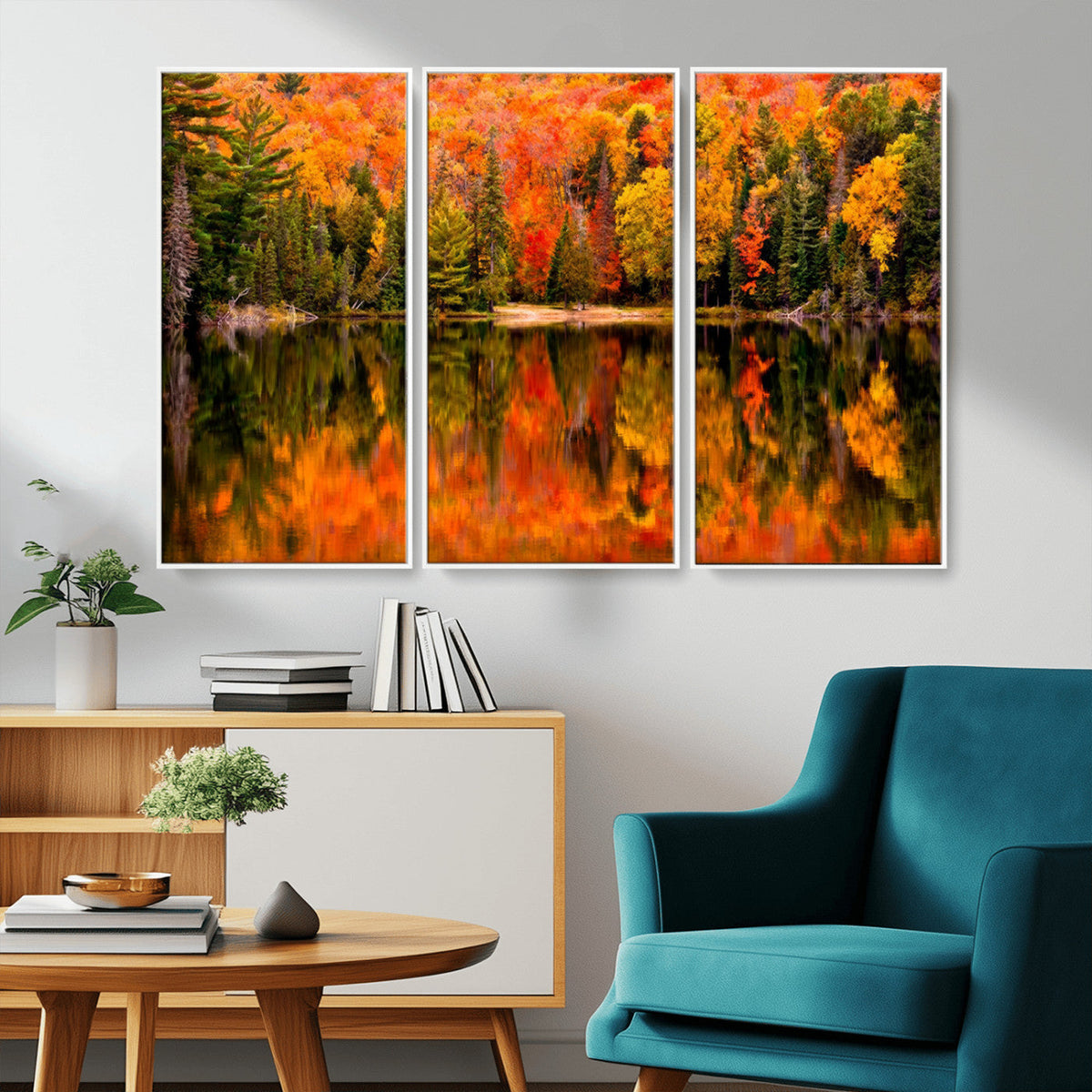 Forest Reflection Art | Autumn Forest Reflection Wall Art | Triptych Canvas Print