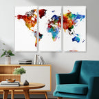Colorful World Map Canvas Wall Art Print, Contemporary Global Map Artwork