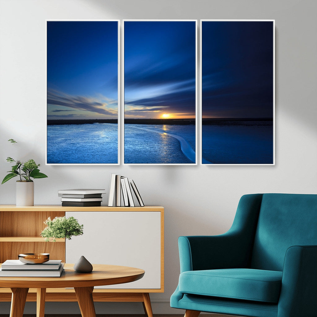 Blue Sunset Ocean Canvas Wall Art Print | Serene Coastal Horizon