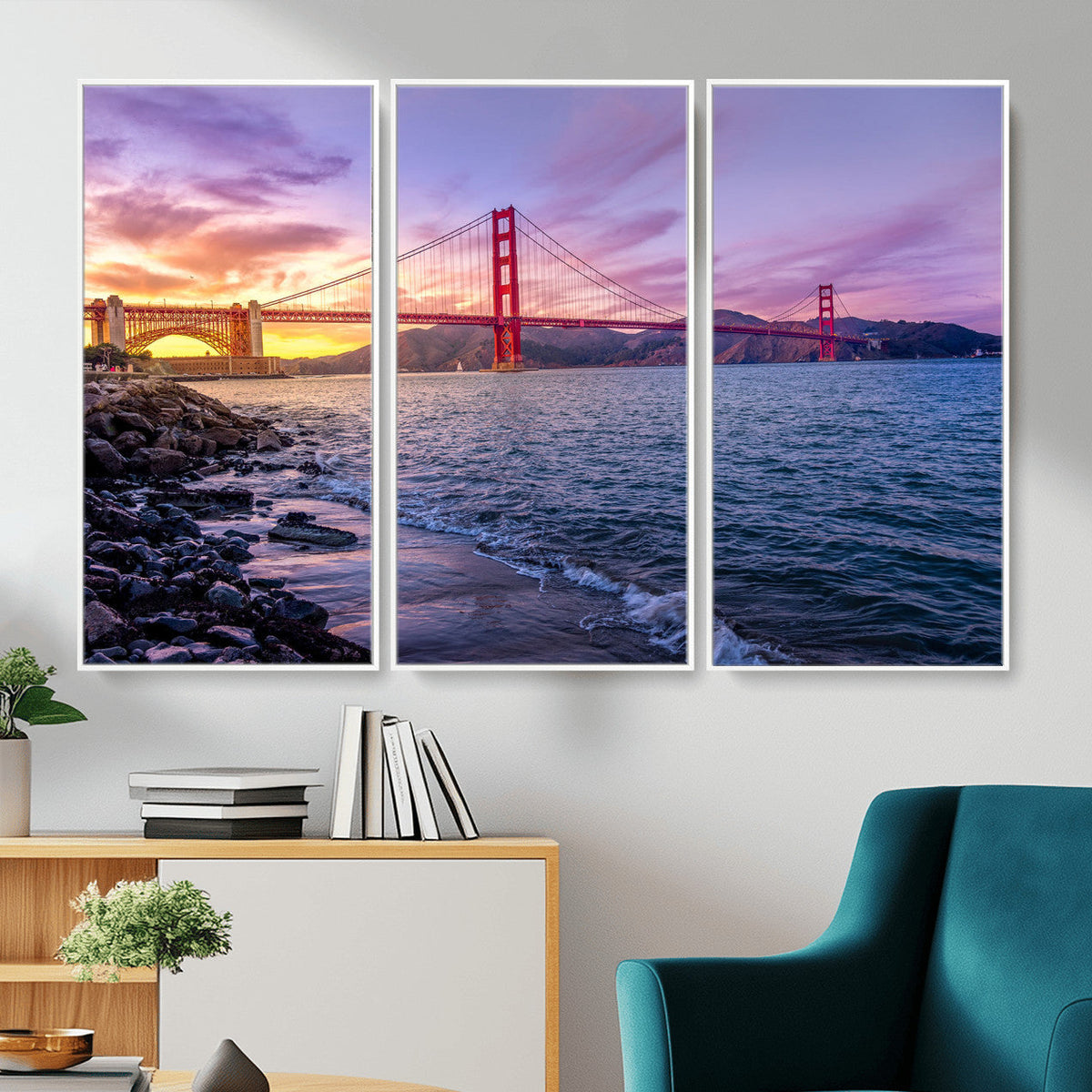 Golden Gate Bridge Wall Art Canvas Print, Framed San Francisco Sunset Landmark