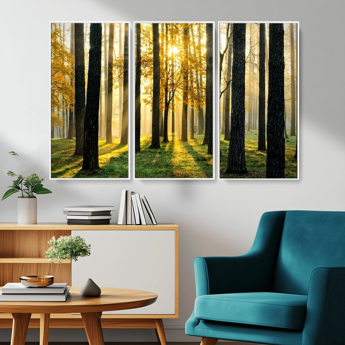 Sunlit Forest Wall Art Canvas Print, Large Framed Woodland Scene with Golden Light