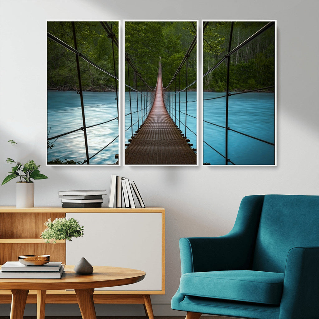 Suspension Bridge Over River Canvas Art | 3-Panel Nature Wall Art