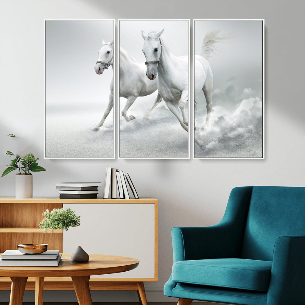 Large Wall Art Canvas Print, Beautiful Running White Horses