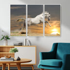 Large Wall Art Canvas Print, White Jumping Horse at Sunset