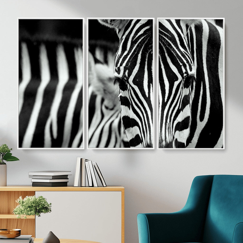 Zebra Wall Art | Zebra Close Up Canvas Print | Framed Black and White Wildlife