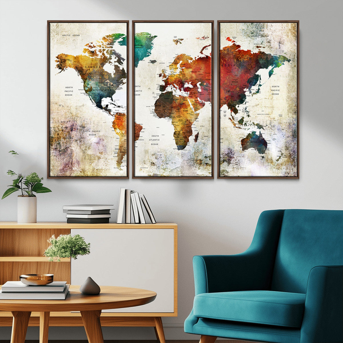 Watercolor World Map Canvas Print | Framed Travel Map Wall Art for Couples