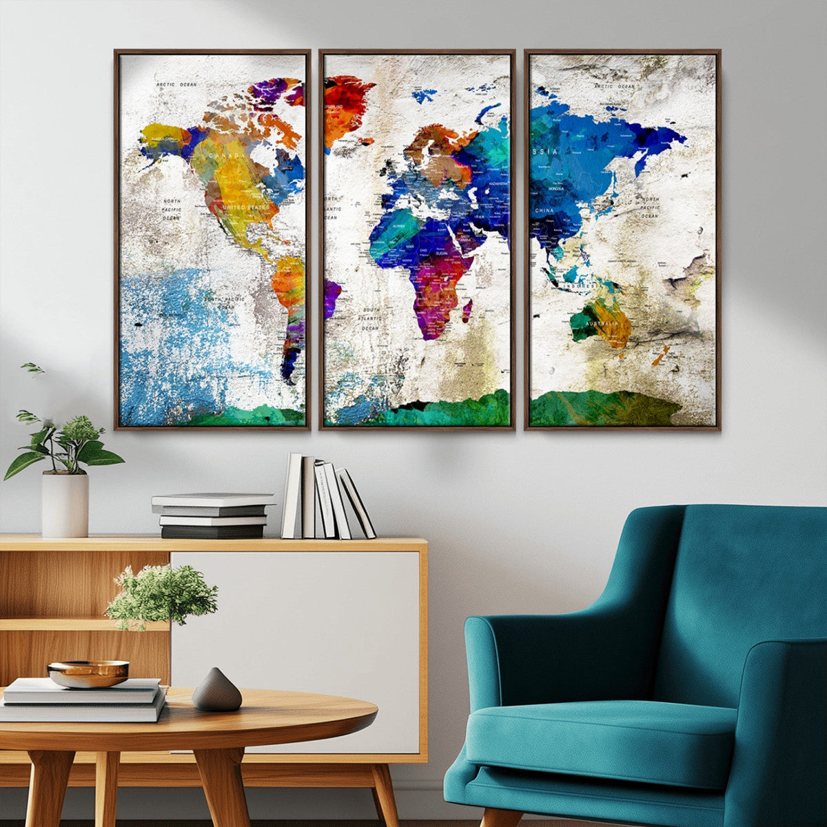 Navy Blue and Orange Watercolor World Map Canvas Print | Framed Travel Map