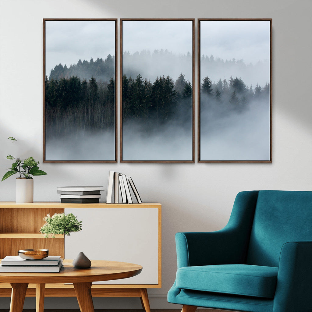 Autumn and Misty Trees in the Forest Wall Art Canvas Print, Foggy Forest Mountain Wall Art