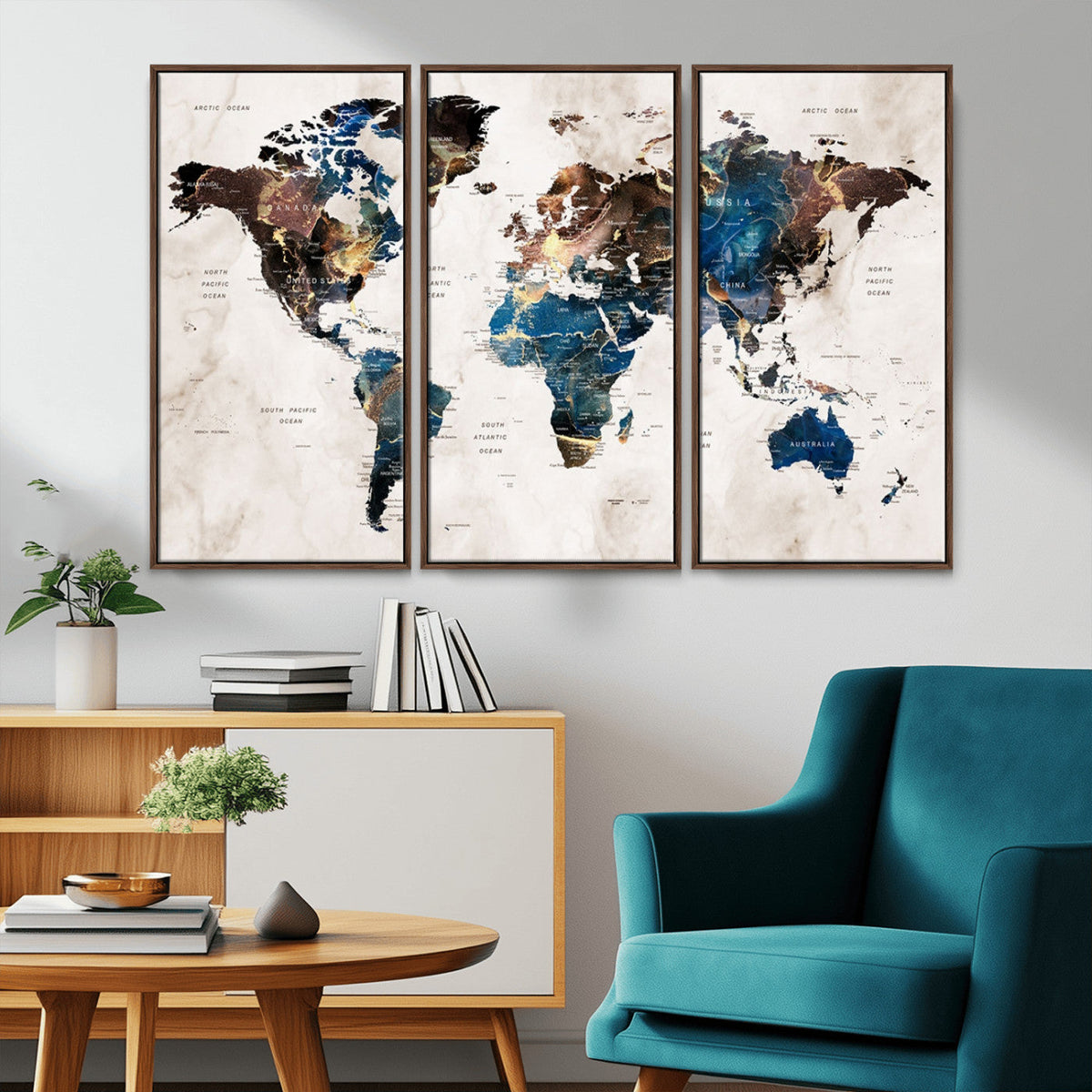 Abstract Earth Tone Blue World Map Canvas Print | Framed Travel Map Wall Art