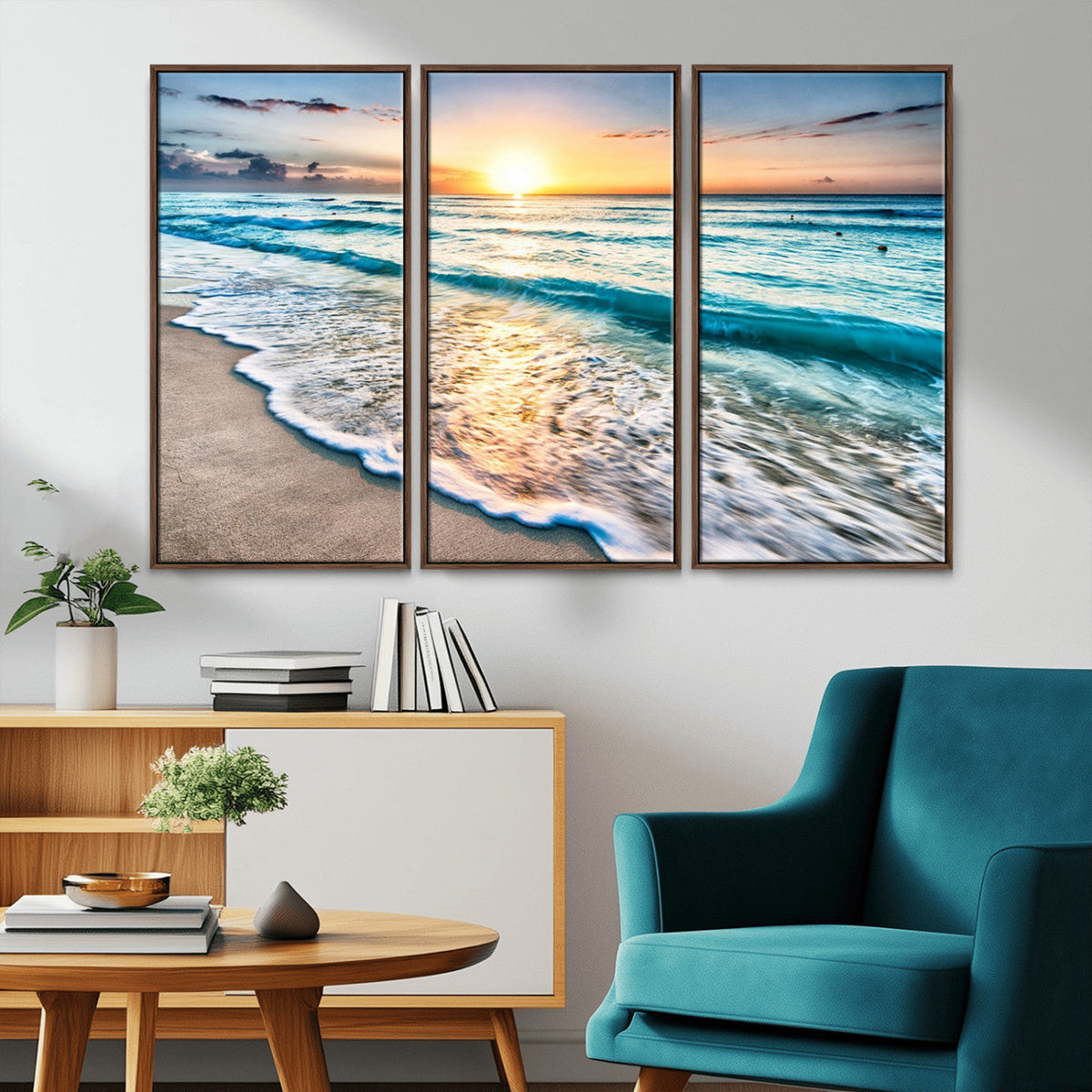 Sunset Beach Waves Canvas Wall Art | Ocean Sunset Coastal Print