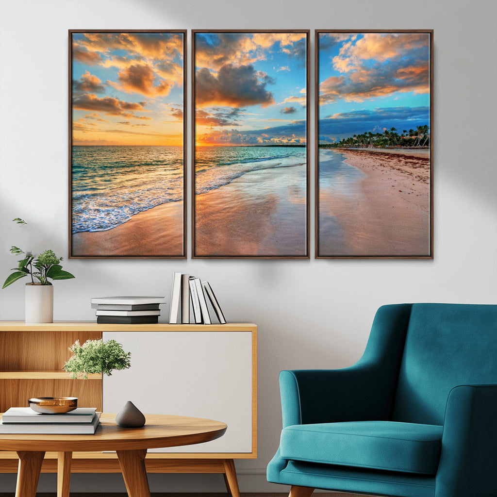 Sunset Beach Canvas Wall Art | Tropical Triptych Seascape Print