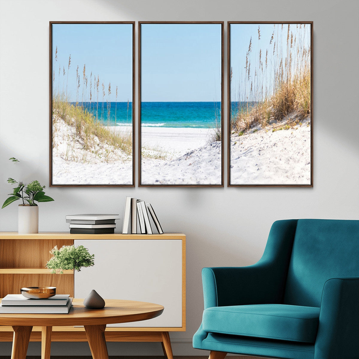 Serene Coastal Dune Path with Ocean View, 3-Panel Beach Canvas Wall Art