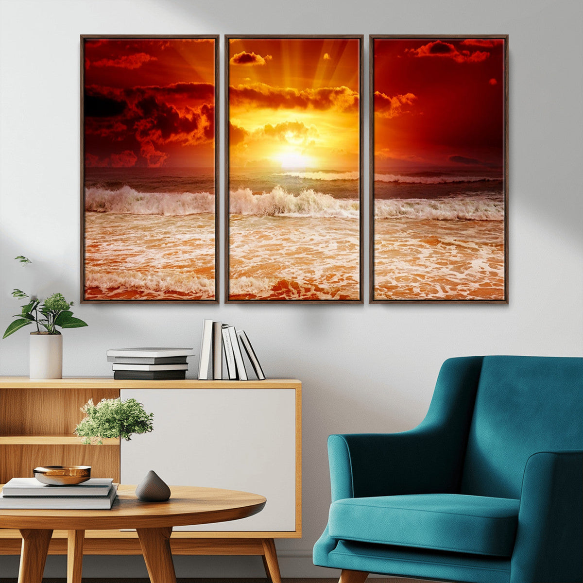 Red Sunset Ocean Beach Canvas Wall Art, Coastal Sunset Print