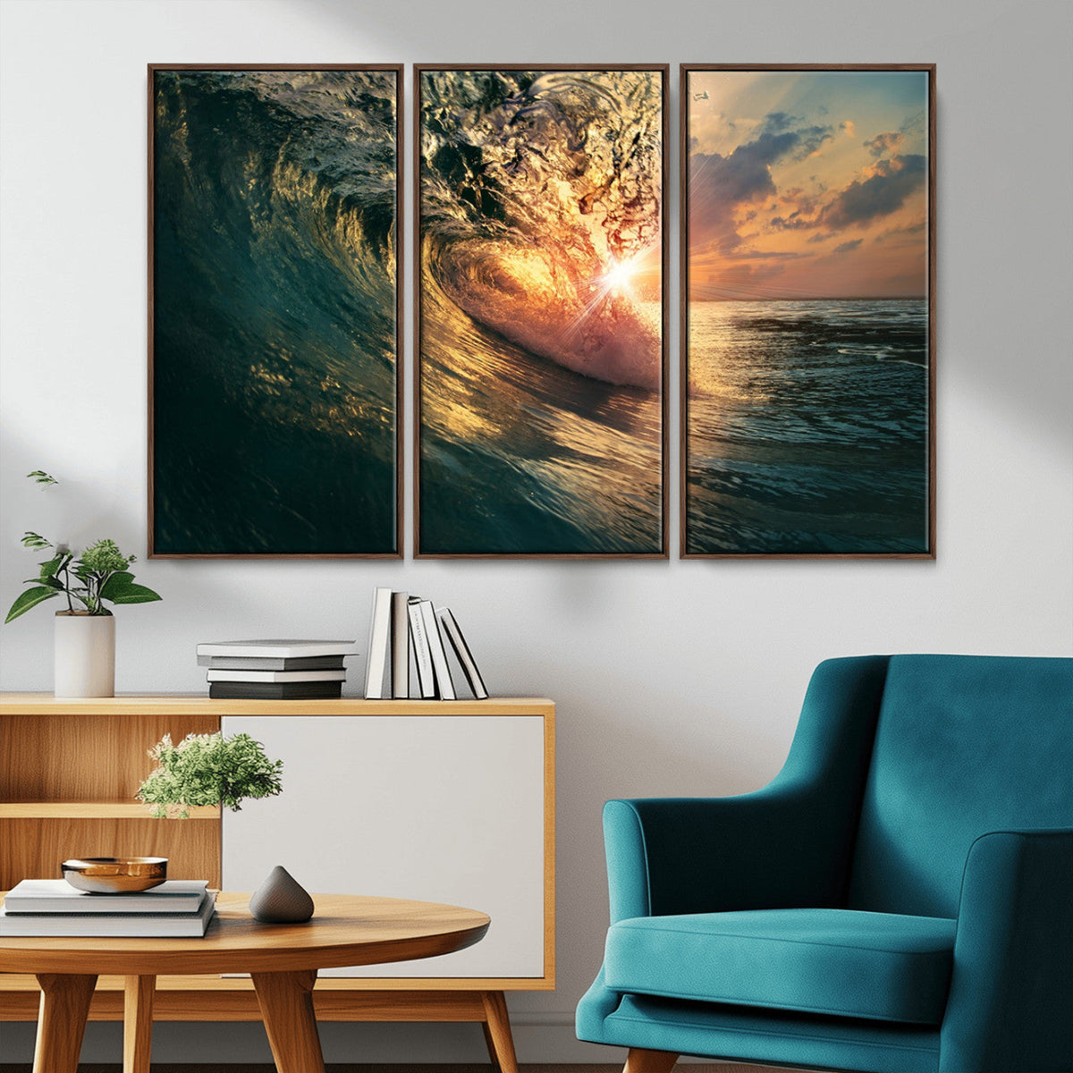 Ocean Wave Sunset Canvas Wall Art | Triptych Seascape Print