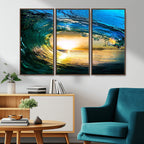 Ocean Wave at Sunset Canvas Art, Large Wall Print of Vibrant Surfing Wave