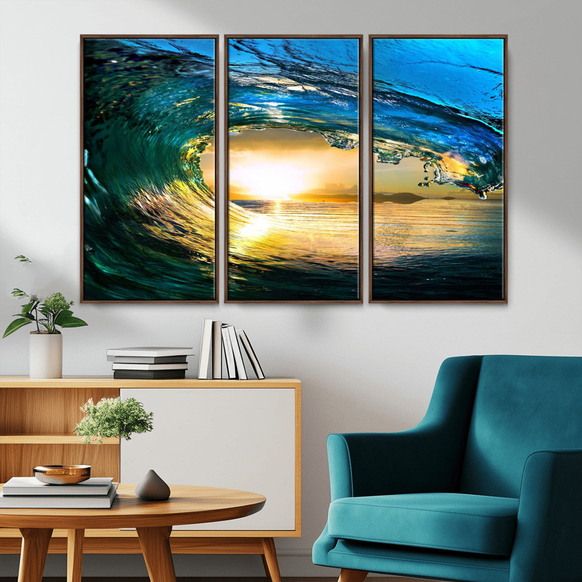Ocean Wave at Sunset Canvas Art, Large Wall Print of Vibrant Surfing Wave