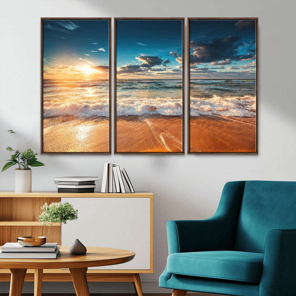 Golden Sunset Beach Triptych Canvas Art, Giclee Coastal Wall Decor, Ocean Waves Print