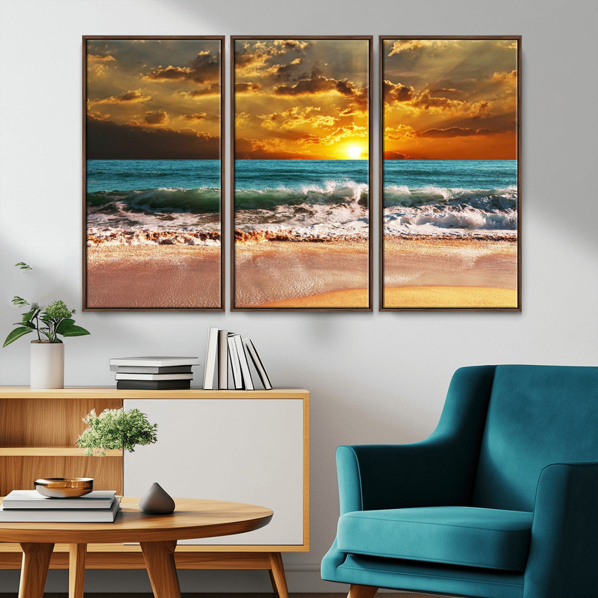 Golden Sunset Beach Canvas Wall Art | Triptych Seascape Print, Framed and Ready to Hang