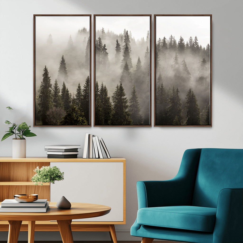 Foggy Mountain Wall Art | 3-Panel Foggy Forest and Mountain Landscape Canvas Print