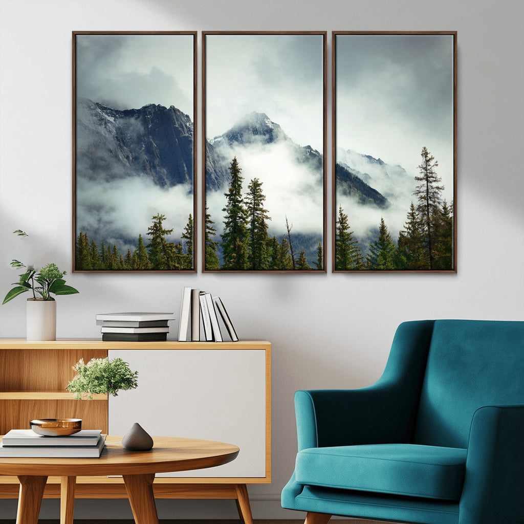 Mountain Mist Canvas Wall Art Print | 3-Panel Foggy Forest and Mountain Landscape