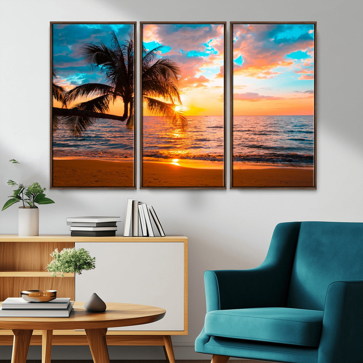 Palm Tree Sunset On The Beach Wall Art Canvas, Framed Palm Tree Sunset Canvas Print