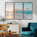 Tranquil Ocean Beach Sunset Canvas Wall Art | 3-Panel Coastal Decor