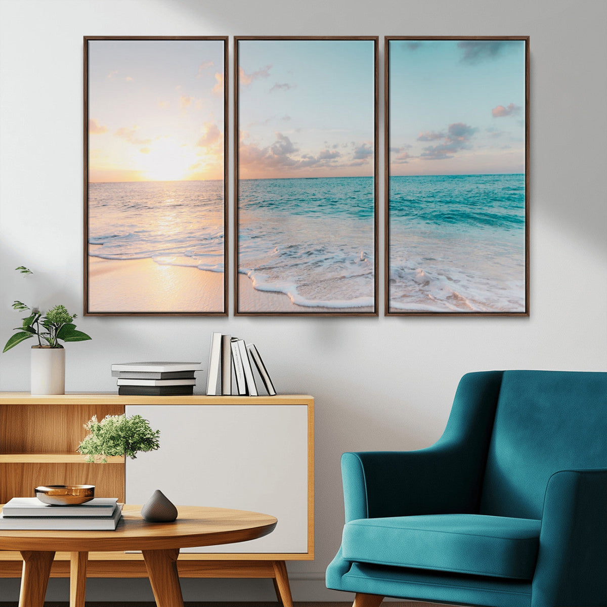 Tranquil Ocean Beach Sunset Canvas Wall Art | 3-Panel Coastal Decor
