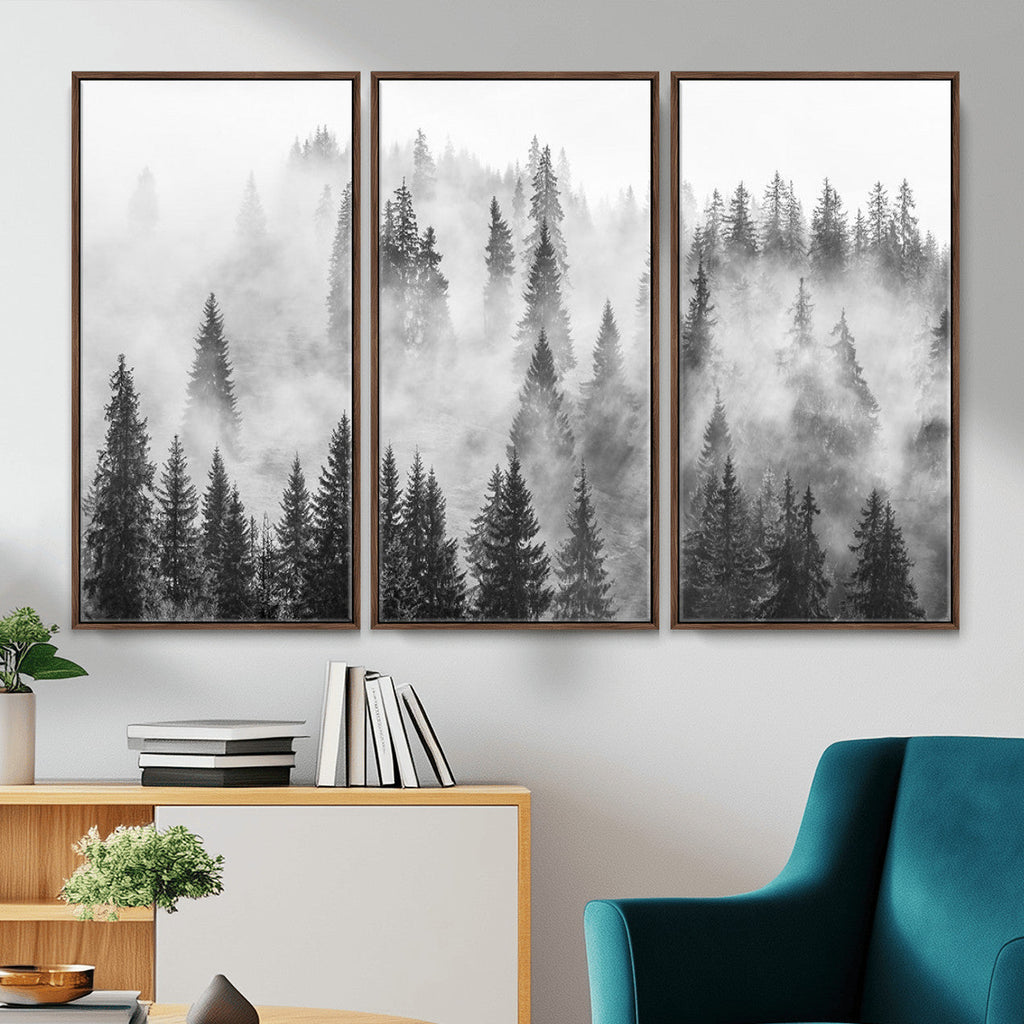 Forest Wall Art Print | Foggy Pine Forest Canvas Wall Art, Black and White Nature Decor