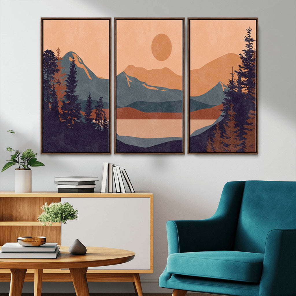 Modern Boho Sunset Canvas Print, Mountain Landscape Triptych