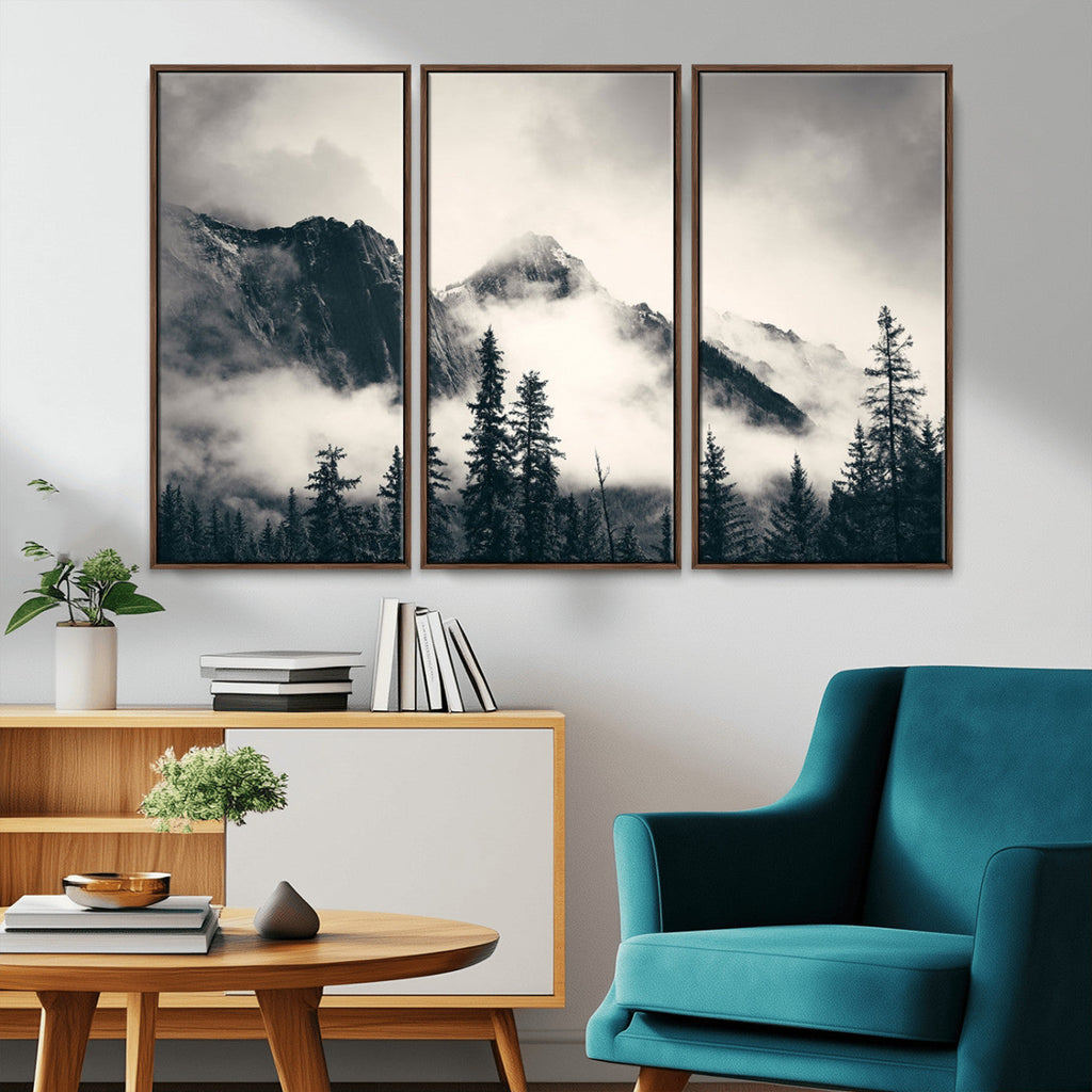 Forest Mountain Print | Black and White Canvas Wall Art with Misty Forest Design