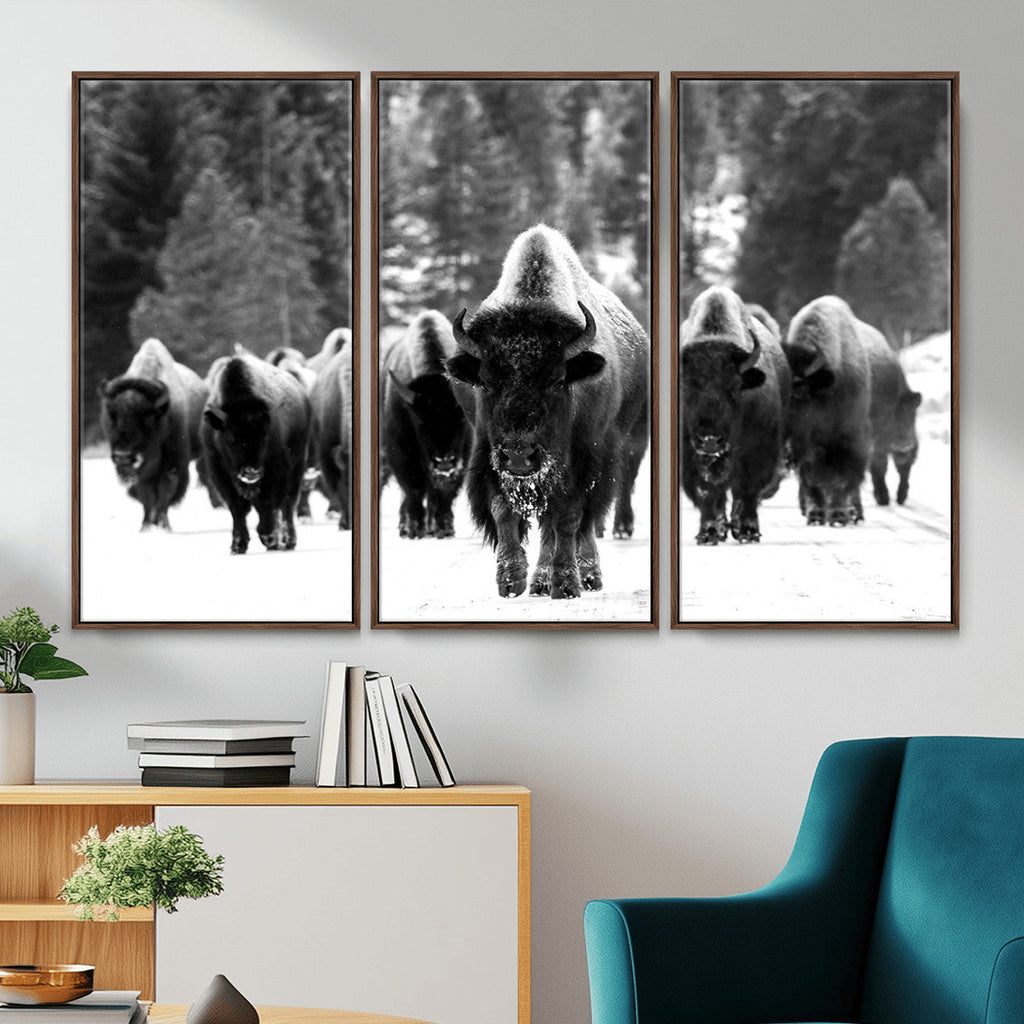 Bison Herd in Snow Wall Art Canvas Print | Rustic Western Bison Wall Art for Living Room and Farmhouse Decor