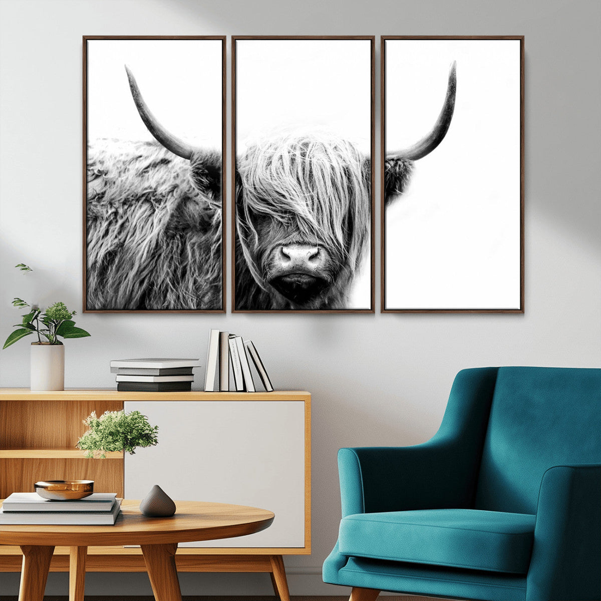 Black White Scottish Highland Cow Cattle Art Print Farmhouse Decor