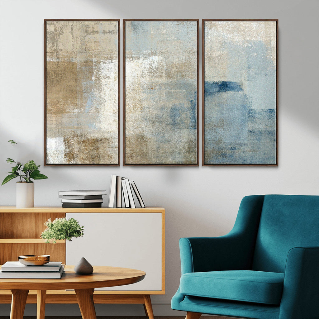 Abstract Blue and Beige Wall Art, Modern Minimalist Canvas Print Set