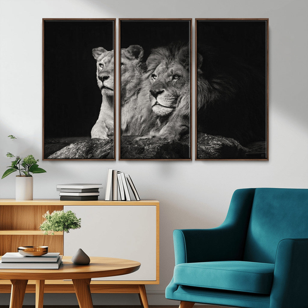 Lion Couple Wall Art Canvas Print, Elegant Black and White Wildlife Portrait