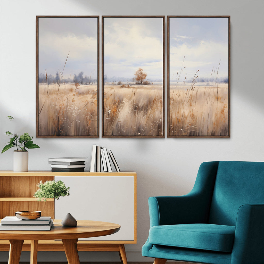 Golden Fields Wall Art Print Canvas | Serene Minimalist Landscape for Farmhouse Decor