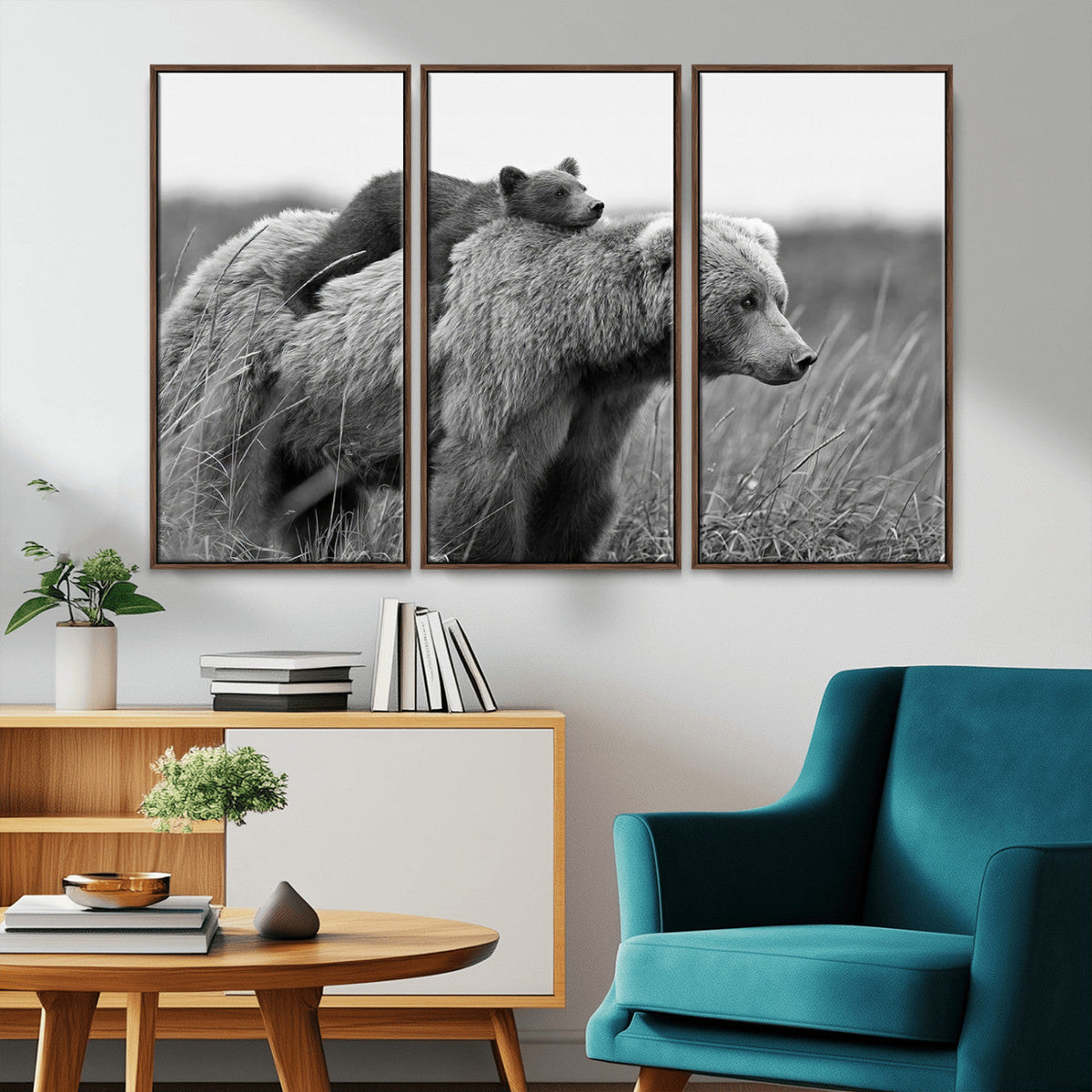 Bear and Cub Wall Art Canvas | Grizzly 399 Bear and Cub Black and White Wildlife Print