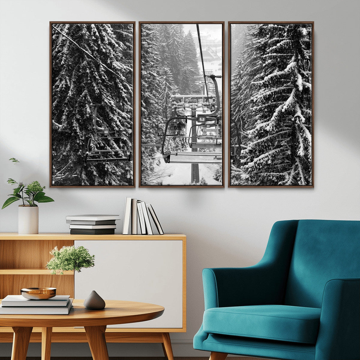 Winter Ski Lift Black and White Canvas Wall Art | Alpine Escape in Minimalist Style
