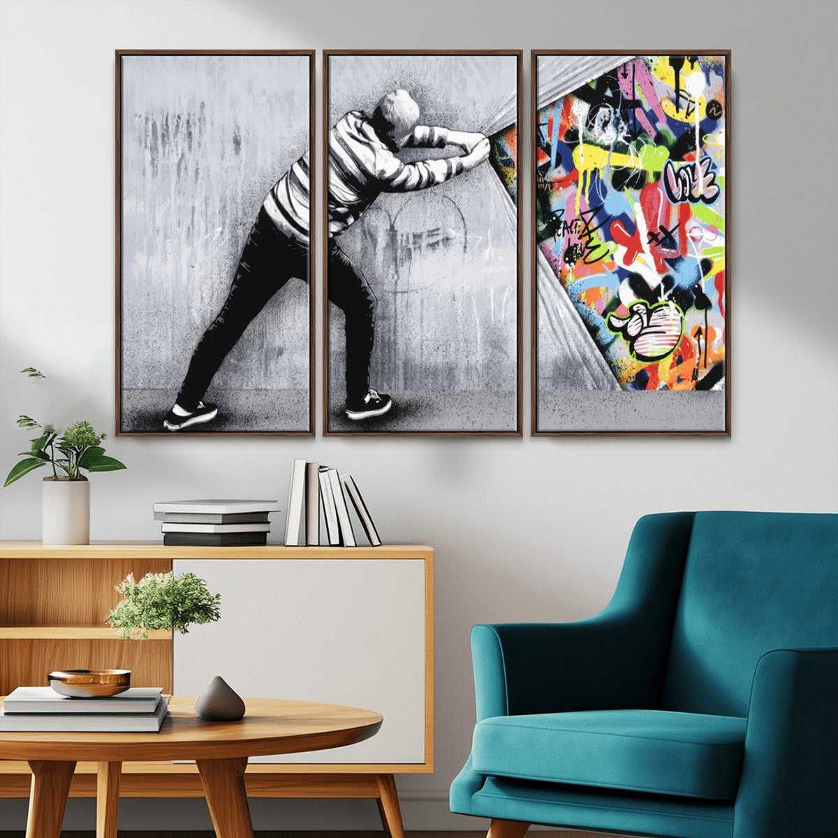 Banksy Art Behind the Curtain Street Wall Art Canvas Print | Urban Graffiti Style Wall Decor