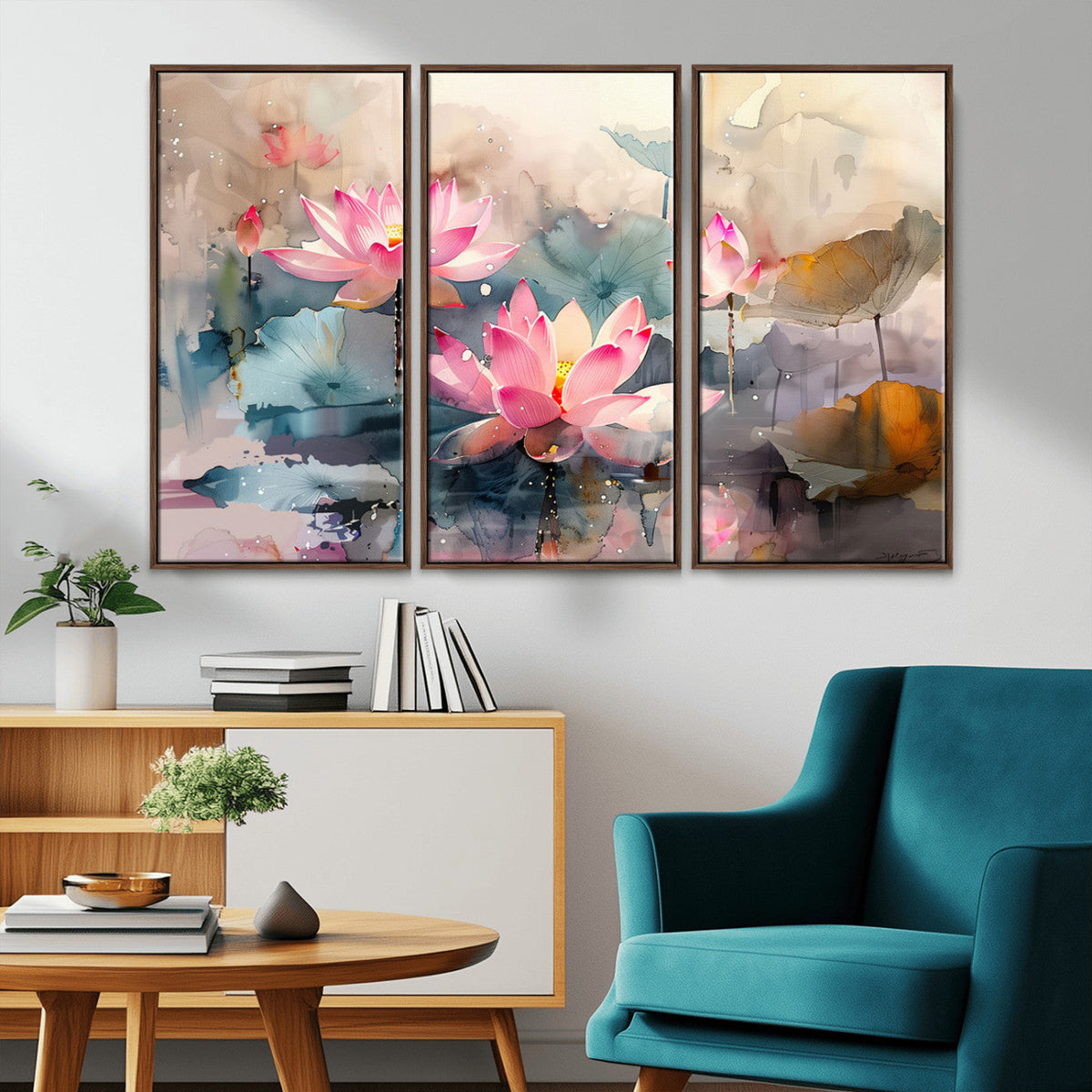 Lotus Flower Wall Art | 3 Panel Giclee Canvas Print of Pink Lotus Blossoms