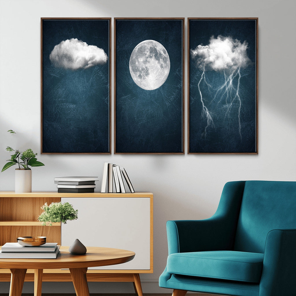 3 Piece Indigo Cloud Wall Art, Thunderstorm Moon Cloud Artwork