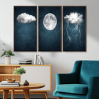 3 Piece Indigo Cloud Wall Art, Thunderstorm Moon Cloud Artwork